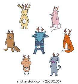Hand drawn vector set of cute animals wearing deer horns. 
