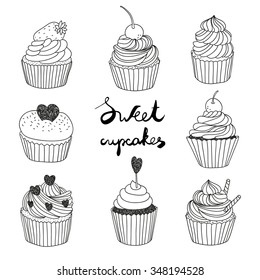 hand drawn vector set with cute cupcakes