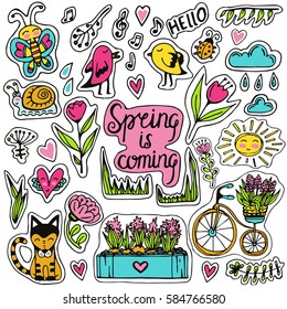 Hand drawn vector set with cute spring elements. Illustration with birds, flowers, animals, bicycle, flowers in doodle style. Spring is coming. Design for prints, scrap booking, coloring page.