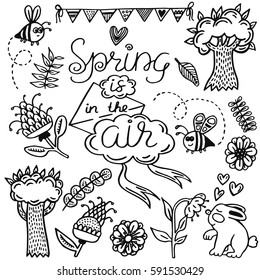 Hand drawn vector set with cute spring elements. Illustration with cartoon flowers, animals, trees, insects in doodle style. Spring design for prints, scrap-booking, coloring page.