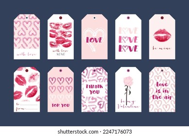 Hand drawn vector set of Valentine’s Day gift tags. Love and romantic tags isolated on dark background. Romantic labels for decorative design. Template for holidays and wedding designs.