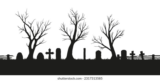 The hand drawn vector set of dead trees in a cemetery with tombstones. 