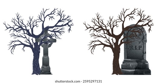 The hand drawn vector set of dead trees in a cemetery with tombstones. Happy Halloween Tree Grave Web Background Vector Image