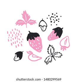 Hand drawn vector set of decorative strawberries and other elements.