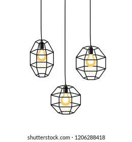 Hand drawn vector set of different geometric loft lamps and iron lampshade. Industrial style.