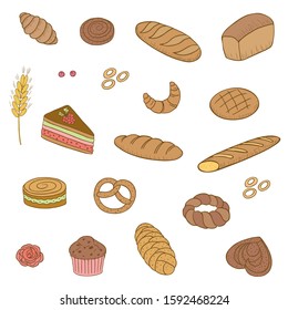 Hand drawn vector set with different kind of bread and sweets. Good for baker shops, cafes and confectioneries
