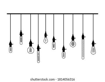 Hand drawn vector set of different geometric loft lamps. bulb lamps and modern sketch. Line style vector