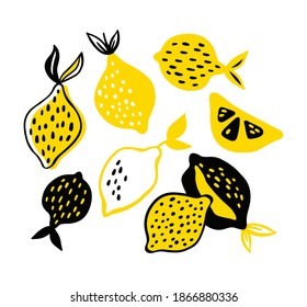 Hand drawn vector set of different decorative lemons. Cartoon style lemons. Food illustration for any design.