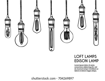 Hand drawn vector set of different geometric loft lamps. Edison lamps and modern  sketch. Vintage light bulbs doodle art hanging free hand line style vector