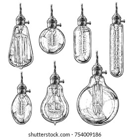 Hand Drawn Vector Set Of Different Geometric Edison Loft Lamps. Vintage Light Bulbs. Edison Lamp With Modern Chandelier