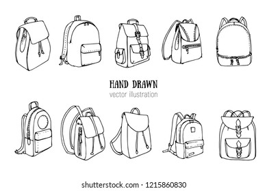 Hand drawn Vector Set of Doodle Backpacks. Cartoon Casual Backpack, cool backpack sketch . Vector illustration. Back to school. Schoolbag decorative element .
