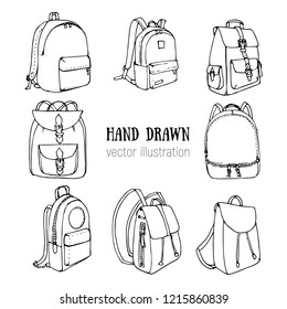 Hand drawn Vector Set of Doodle Backpacks. Cartoon Casual Backpack, cool backpack sketch . Vector illustration. Back to school. Schoolbag decorative element .