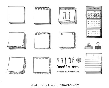 Hand drawn Vector Set of Doodle sticky note, paper sheet, pack of paper, calendar, pin, binder. Sketch Office stuff. Doodle vector illustration. Design elements for infographic, doodle icon. School
