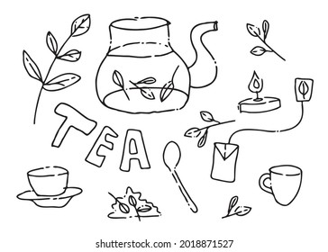 Juego de vectores dibujado a mano de elementos de té doodle, iconos de fondo blanco