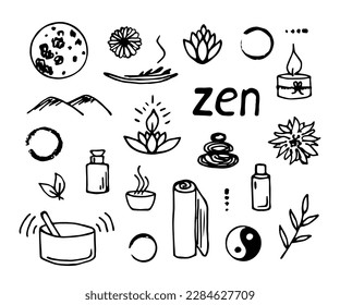 Hand drawn vector set in doodle style. Meditation and relaxation. Harmony of soul and body, unity with nature. Zen elements. Om symbol. Ink sketch.