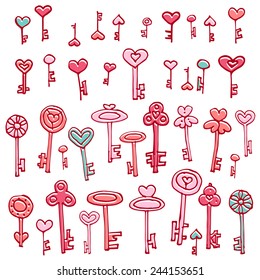 Hand drawn vector set of doodle keys of hearts. Valentine's Day cute decor