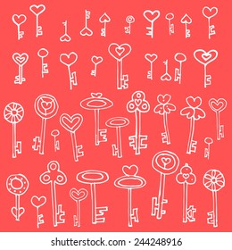 Hand drawn vector set of doodle keys of hearts. Valentine's Day cute decor