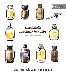 Hand drawn vector set of doodle bottles with essential oil. Collection of glass vials and flasks with editable black outline and bright watercolor stains. Isolated objects on white background.  