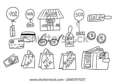 Hand drawn vector set of doodles with shopping bags, sale signs, discounts and money in black and white outline style. Concept of shopping, black friday and seasonal sales
