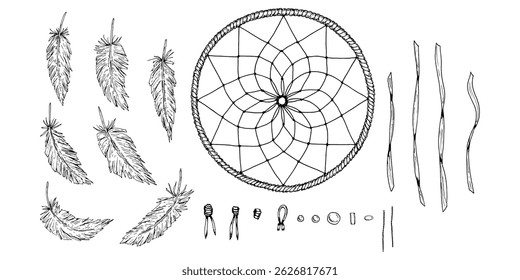 Hand drawn vector set of dreamcatcher elements feathers, hoop, threads, knots and beads. Ideal for DIY projects, handmade crafts, boho decorations, creative compositions and textile design.