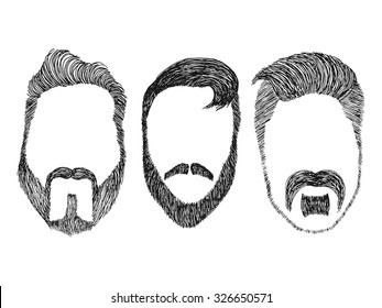 Hand drawn vector set of dress up constructor. Different men faces hipster geek style haircut, beard, mustache. Silhouette icon creation kit. Design sketch avatar for social media or web site