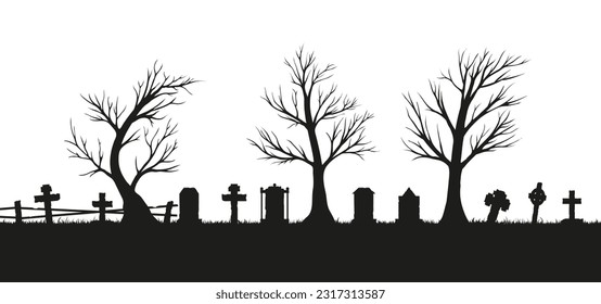 The hand drawn vector set of dried trees with tombstones. A cemetery with graves.