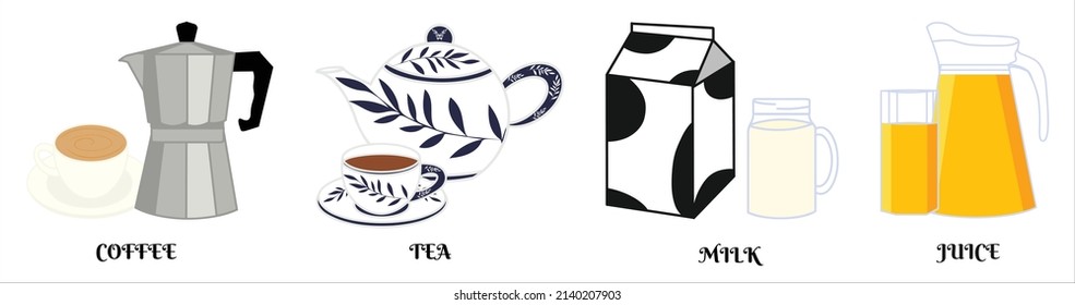 Hand drawn vector; set of drinks. Coffee, tea, milk, and juice isolated on white background.