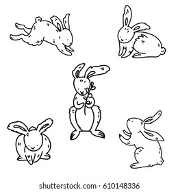 hand drawn vector set of easter rabbits icons, cartoon doodle style funny hares in different poses.
