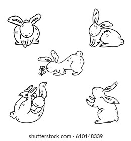 hand drawn vector set of easter rabbits icons, cartoon doodle style funny hares in different poses.
