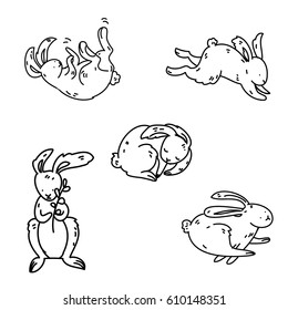 hand drawn vector set of easter rabbits icons, cartoon doodle style funny hares in different poses.
