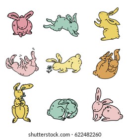 hand drawn vector set of easter rabbits icons, cartoon doodle style funny hares in different poses.
