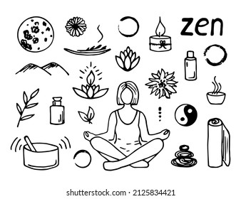 Hand drawn vector set of elements in doodle style. Young woman in lotus position, meditation and relaxation. Harmony of soul and body, unity with nature. Sketch in ink.