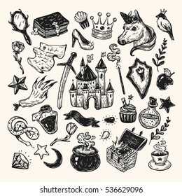 Hand drawn vector set with elements from fairy tale. Fantasy, magic elements. Castle, unicorn, potions.