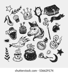 Hand drawn vector set with elements from fairy tale. Fantasy, magic elements. Castle, unicorn, potions.