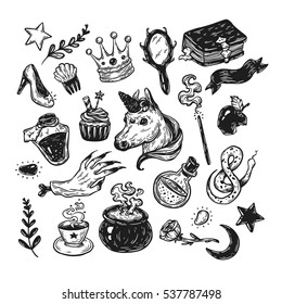 Hand drawn vector set with elements from fairy tale. Fantasy, magic elements. Castle, unicorn, potions.