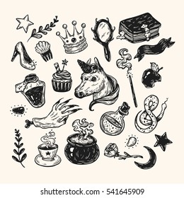 Hand drawn vector set with elements from fairy tale. Fantasy, magic elements. Castle, unicorn, potions.