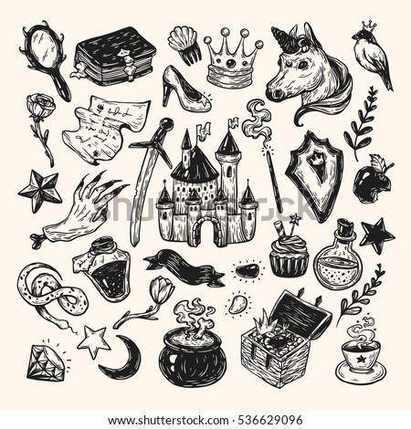 Hand drawn vector set with elements from fairy tale. Fantasy, magic elements. Castle, unicorn, potions.