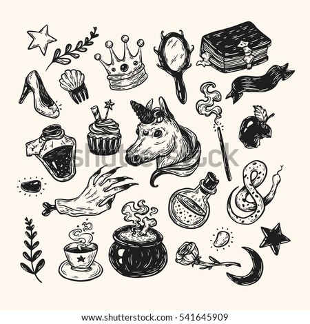 Hand drawn vector set with elements from fairy tale. Fantasy, magic elements. Castle, unicorn, potions.