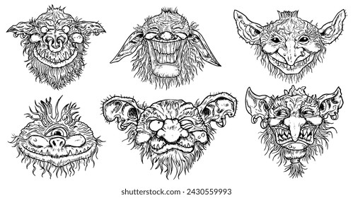 Hand drawn vector set with engraved funny demon or gnome faces  isolated on white, line art fantasy illustrations for stickers, tattoo, t shirt