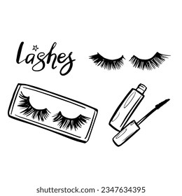 Hand drawn vector set with false eyelashes, mascara