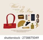 Hand Drawn Vector Set of Fashionable Everyday Carry Objects, Red Handbag, Smartphone, Lipstick, Sunglasses, and Beauty Accessories for Women Lifestyle Social Media and Editorial Content Layout