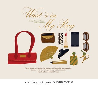 Hand Drawn Vector Set of Fashionable Everyday Carry Objects, Red Handbag, Smartphone, Lipstick, Sunglasses, and Beauty Accessories for Women Lifestyle Social Media and Editorial Content Layout