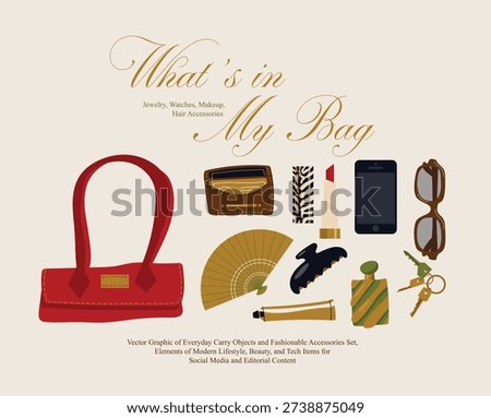 Hand Drawn Vector Set of Fashionable Everyday Carry Objects, Red Handbag, Smartphone, Lipstick, Sunglasses, and Beauty Accessories for Women Lifestyle Social Media and Editorial Content Layout