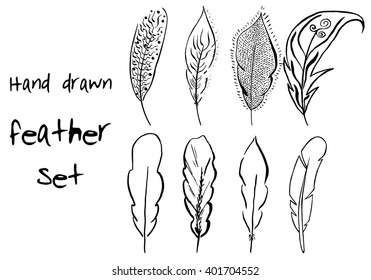 Hand drawn vector set feather on a white background. Vintage tribal feather in sketch style. Series of doodle feather.