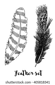 Hand drawn vector set feather on a white background. Vintage tribal feather in sketch style. Series of doodle feather. Hand drawn for adult anti stress coloring page with high details . Monochrome.