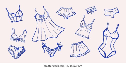 Conjunto de Vector dibujado a mano de pijamas femeninos y ropa interior. El conjunto incluye varias lencería, ropa de dormir, sujetador, bragas e ilustración de traje. Perfecto para moda, marca y diseño.