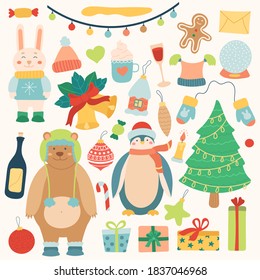 Hand Drawn Vector Set of Festive Christmas Elements. New Year's Cute Animals in Warm Clothes and Decorative Objects in Flat style.Celebration Winter Collection. Isolated on beige background.