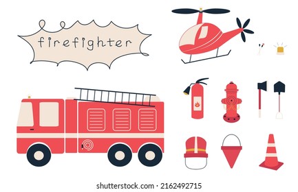 Hand Drawn Vector Set Of Firefighters. Cartoon Fire Truck, Helicopter, Hydrant, Fire Extinguisher, Helmet, Matches, Axe And Shovel. Baby Collection Of A Fireman In Scandinavian Style.