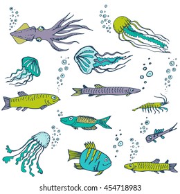 Hand drawn vector set with fish, jellyfish. Cartoon cute marine inhabitants in doodle style, sea food. 