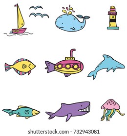 Hand drawn vector set with fish and undersea world - contour line, color art style drawing - for print, card, textile, comic, poster, coloring page.